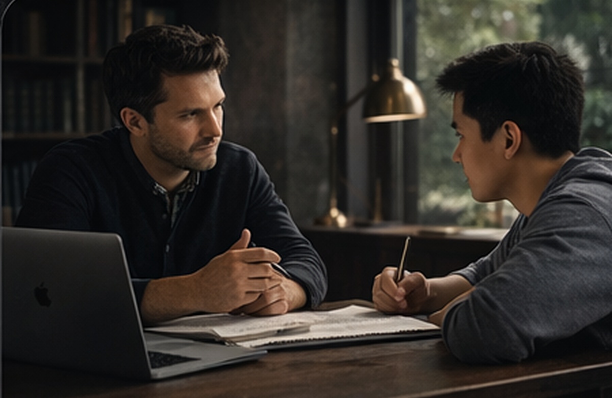 A student and educator reviewing work together